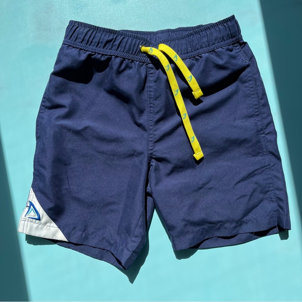 DryFins Boys Anti-Chafe Swim Trunks XS Navy Blue - Built-in Compression Liner